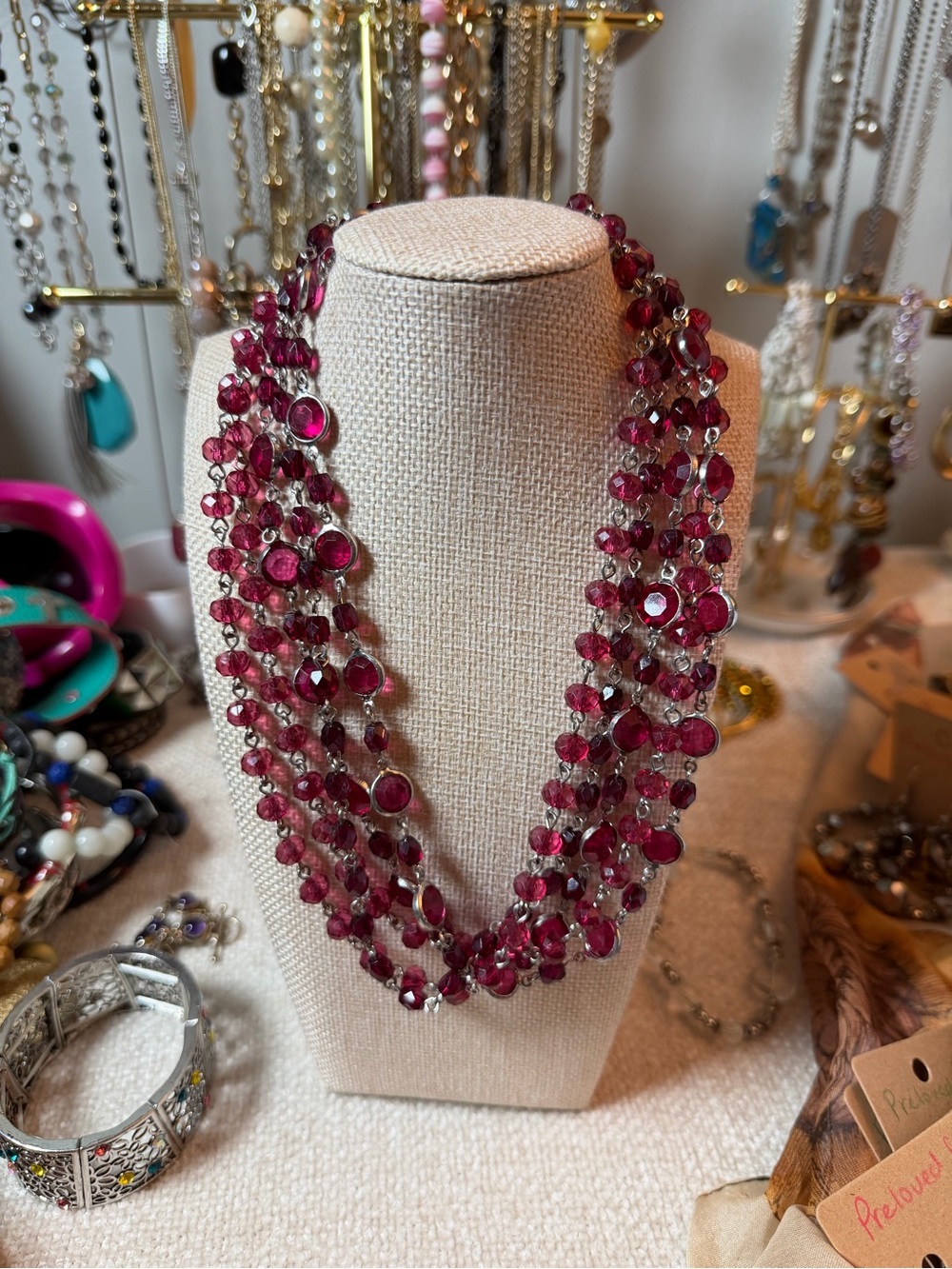 #791 Ruby Red 🌺 Multi Strand Beaded Statement Necklace 19” Silver Tone - Picture 7 of 7